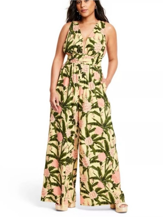 Agua Bendita Pants - Target Agua Bendita Peony Botanical Print Jumpsuit Yellow Dark Olive Size Small